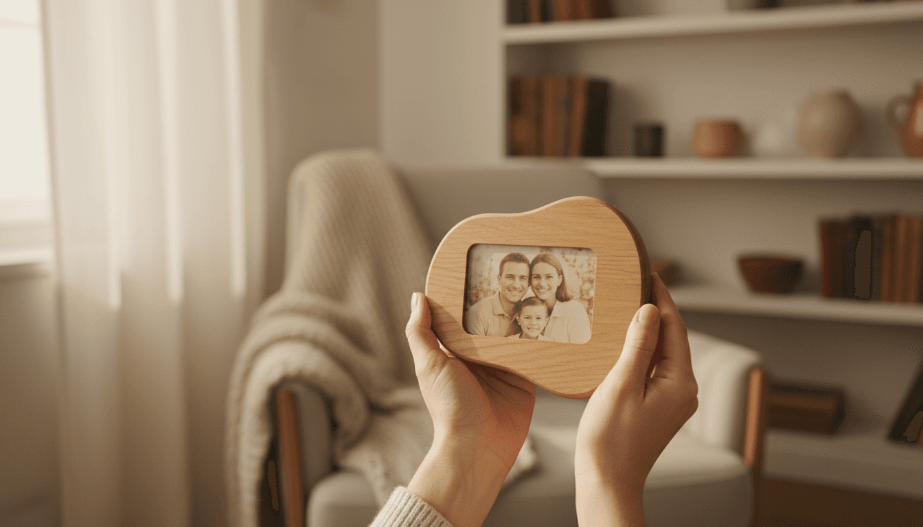 Hands holding a personalized wooden memory plaque with a family photo