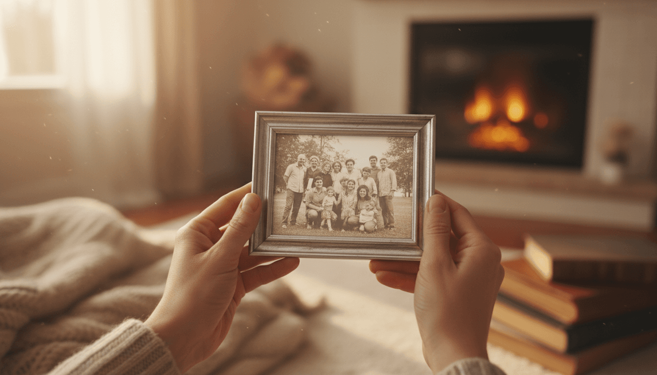 Hands holding a framed family photo by a sunny window