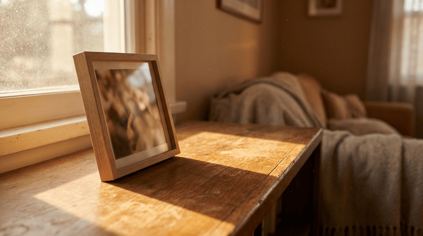 Hand placing a cherished photo into a framed memory plaque on a wooden shelf in a warm, sunlit room