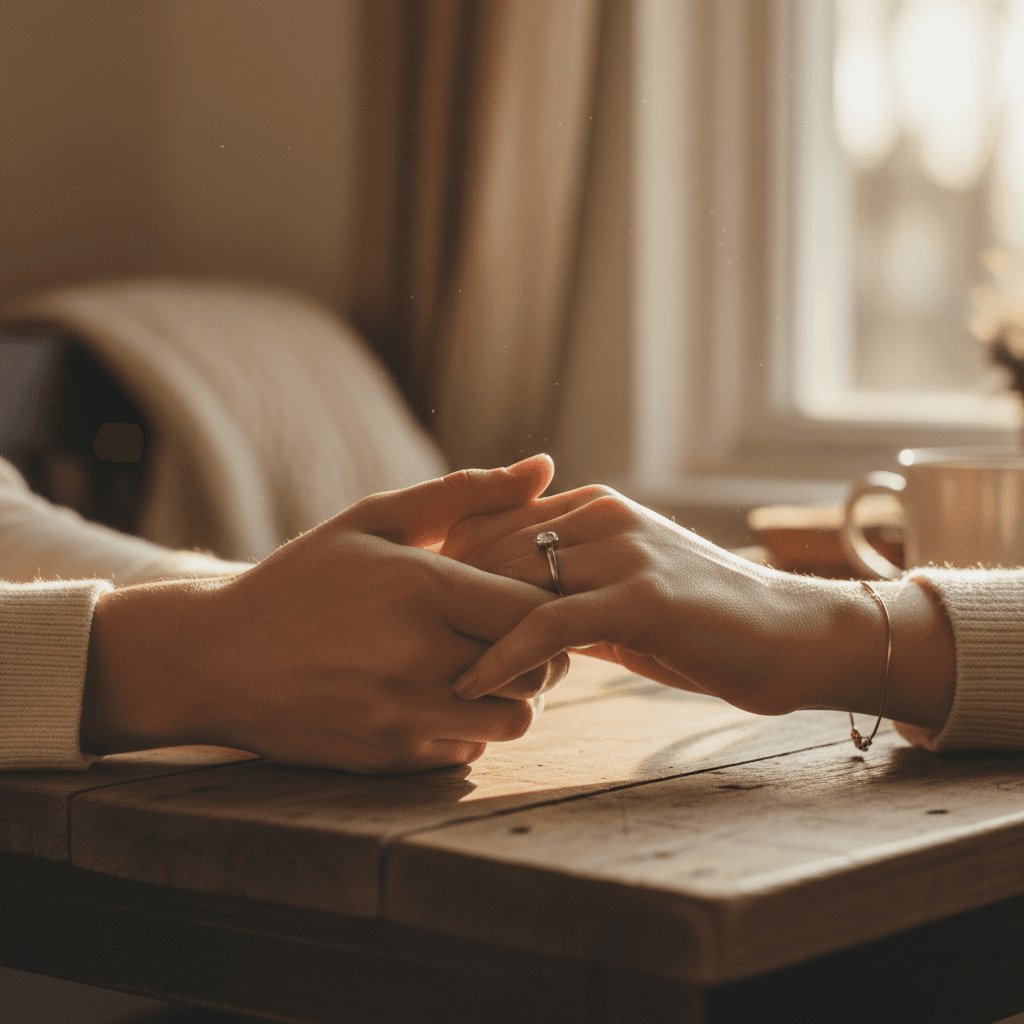 Couple's hands holding a heart-shaped plaque with engraved names