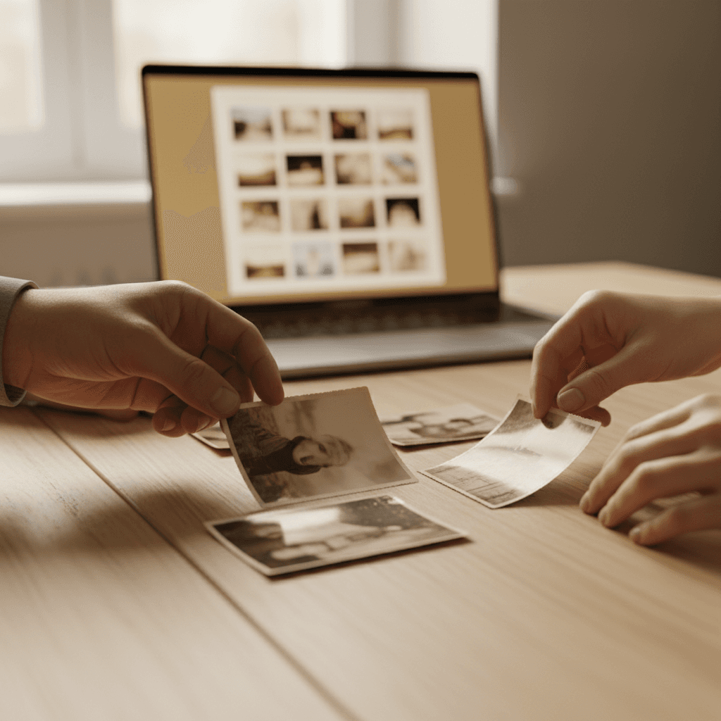 Hands placing a printed family photo on a wooden desk next to a smartphone